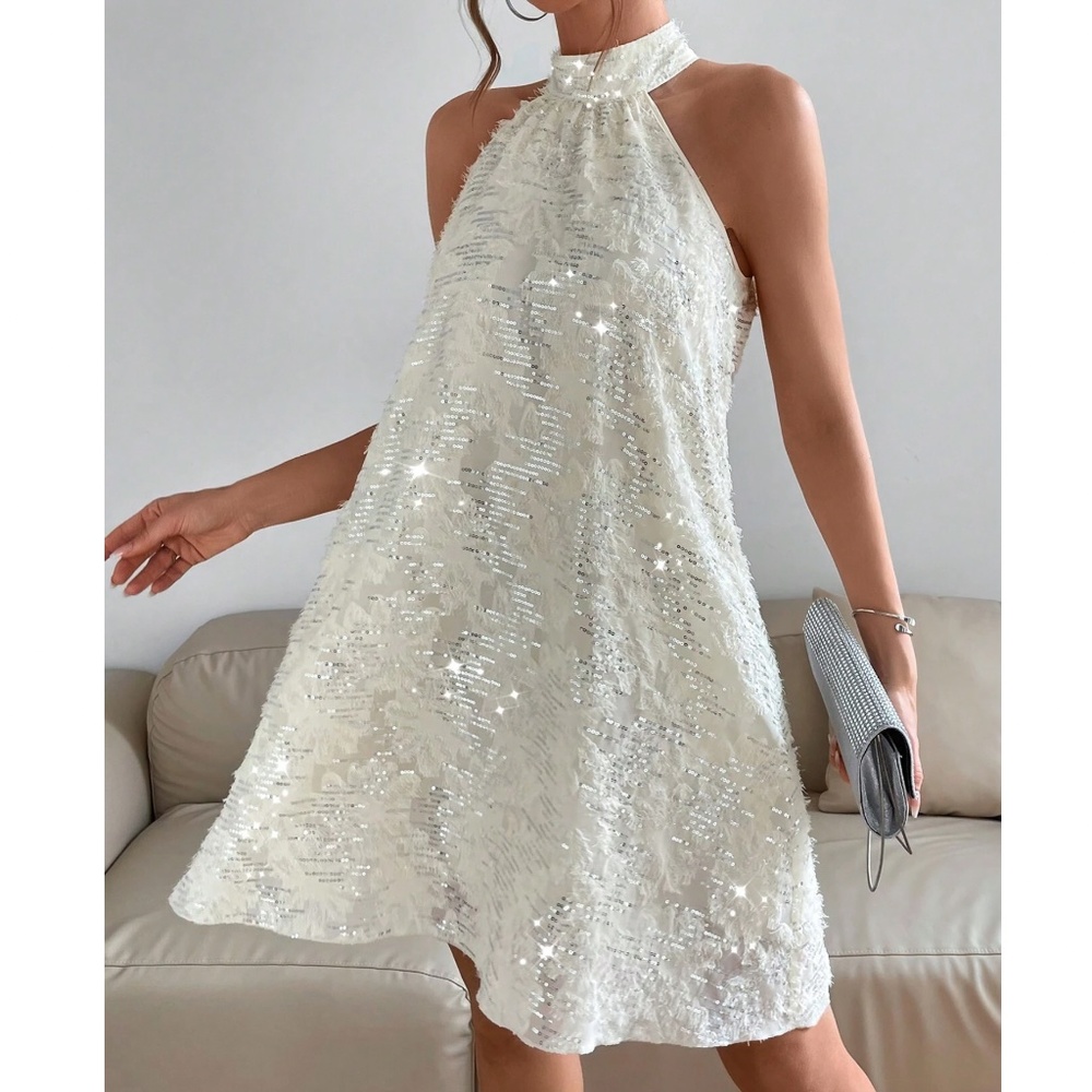 Luxe Sequin Fuzzy Party Evening Holiday Halter Dress - Picture 2 of 5